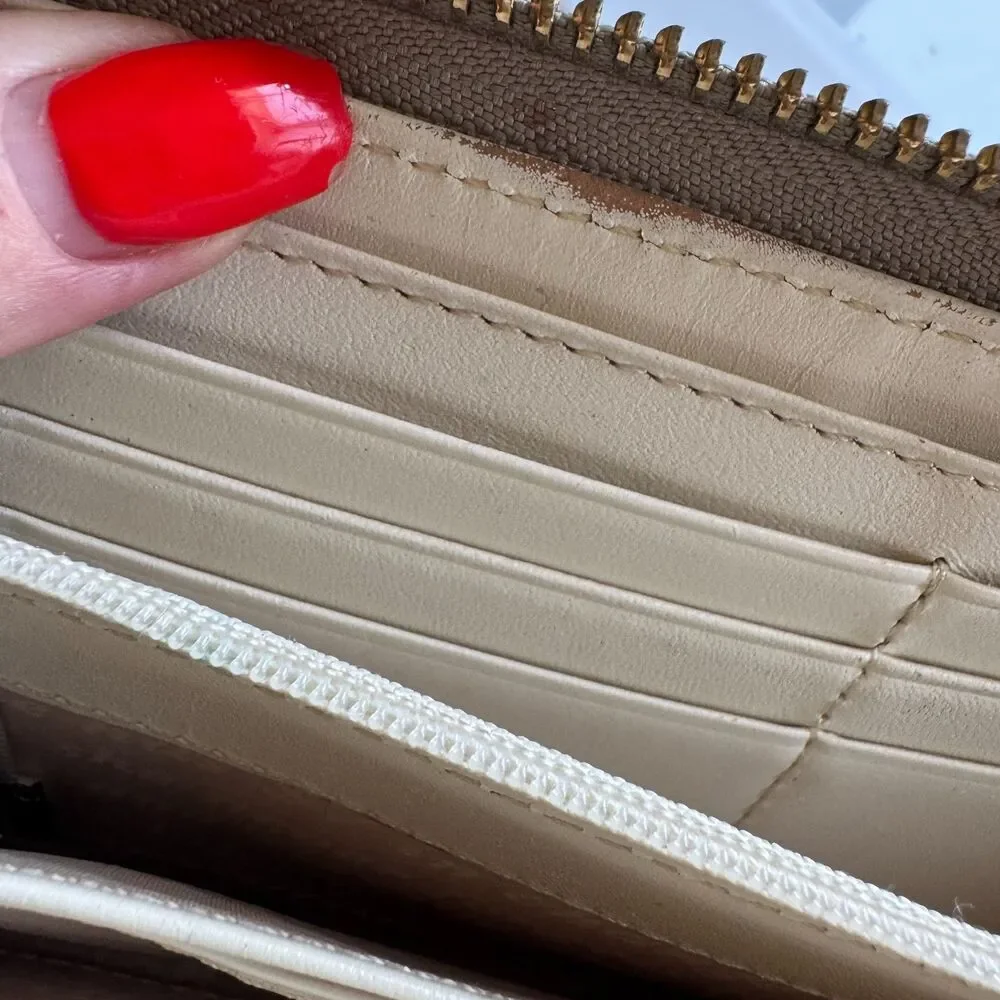 Kate Spade Zip Around Smooth Leather Wallet Gold Hardware Rivets Taupe Beige